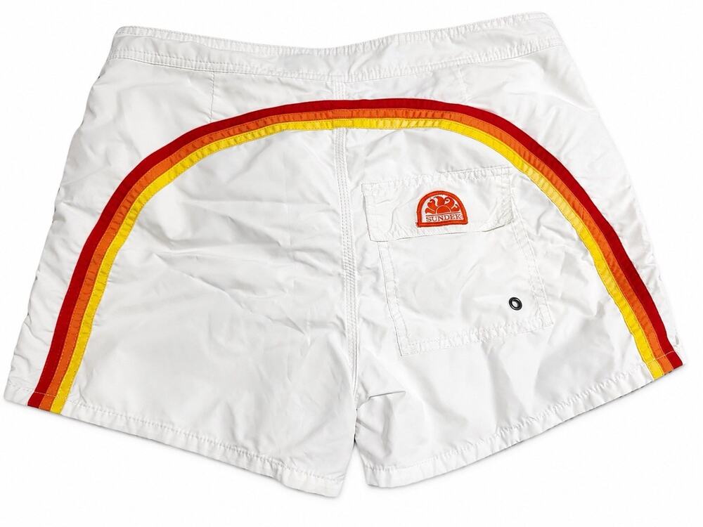Sundek Rainbow Stripe White Nylon Swim Trunks Board Shorts Men’s Size 33 Mint